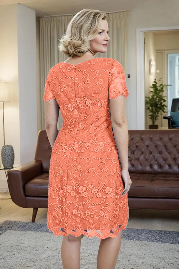 Elegant Short Sleeves Column Knee Length Mother of the Bride Dress