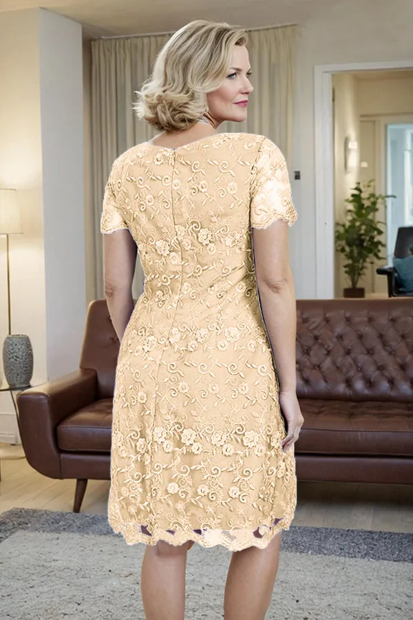 Elegant Short Sleeves Column Knee Length Mother of the Bride Dress