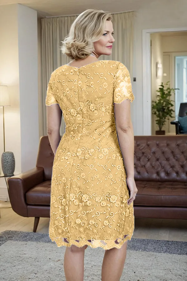 Elegant Short Sleeves Column Knee Length Mother of the Bride Dress