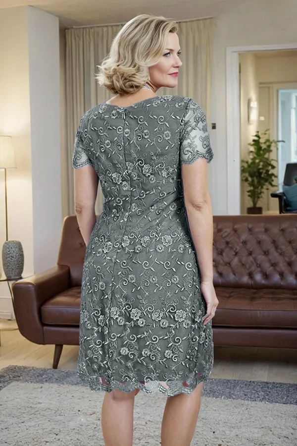 Elegant Short Sleeves Column Knee Length Mother of the Bride Dress