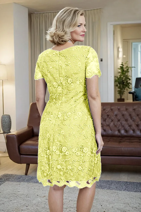Elegant Short Sleeves Column Knee Length Mother of the Bride Dress