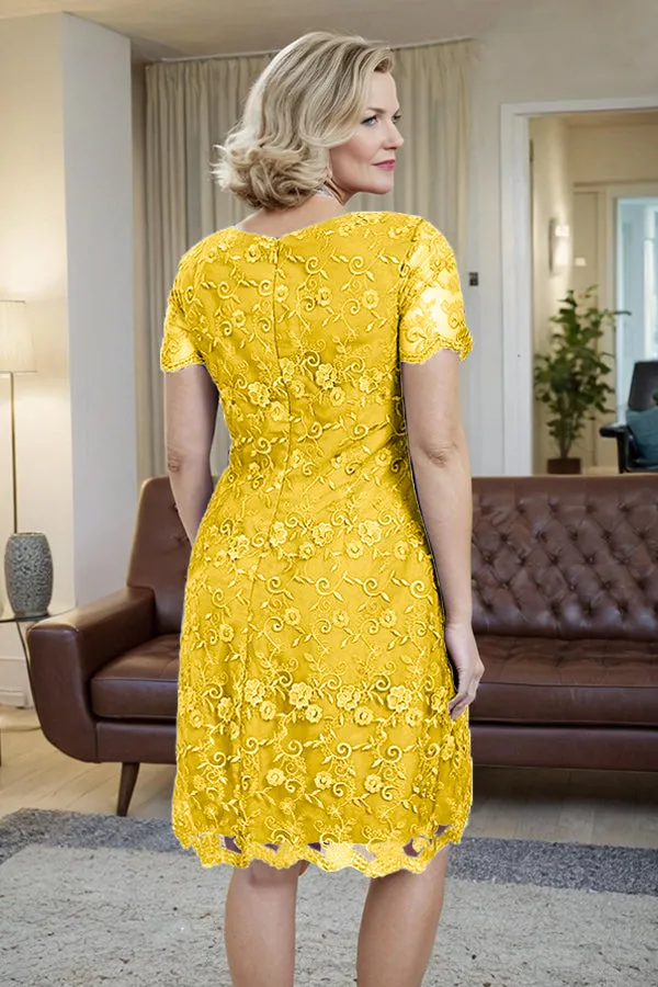 Elegant Short Sleeves Column Knee Length Mother of the Bride Dress