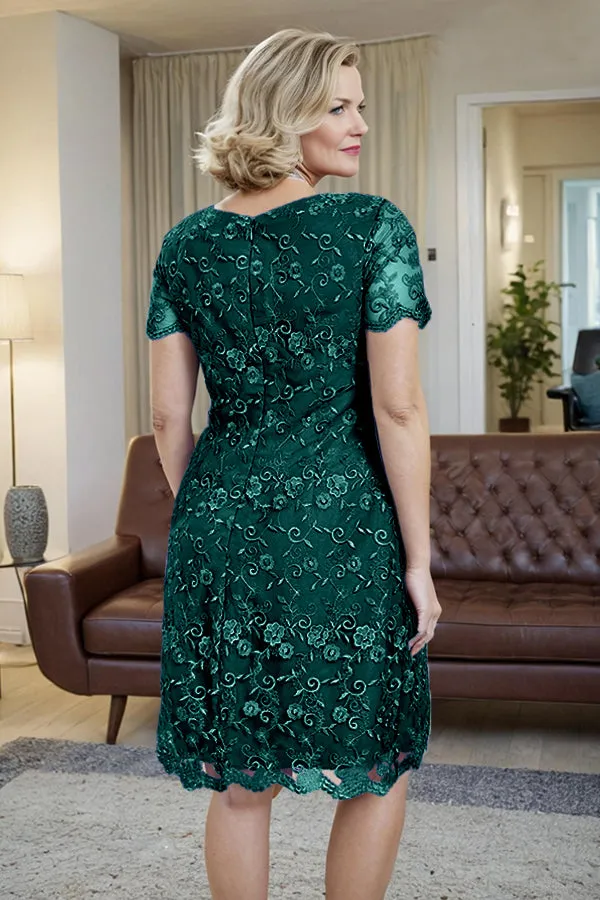 Elegant Short Sleeves Column Knee Length Mother of the Bride Dress