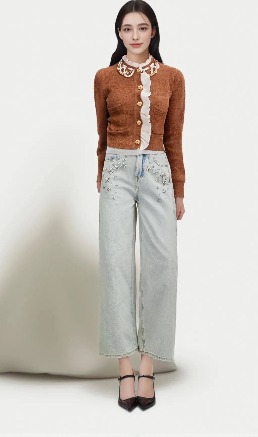 Elisabetta brown embellished ruffled knit cardigan