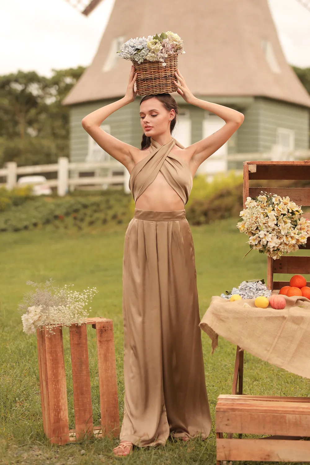 ESME PANT SET Wrap Around Multiway Top with Pleated Wide Leg Pant (Olive SC Silk)