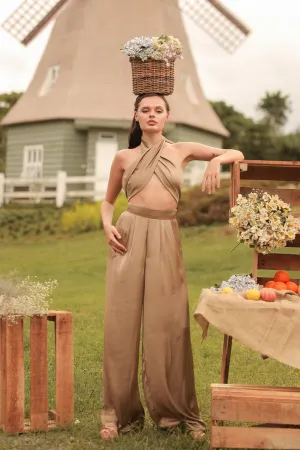 ESME PANT SET Wrap Around Multiway Top with Pleated Wide Leg Pant (Olive SC Silk)