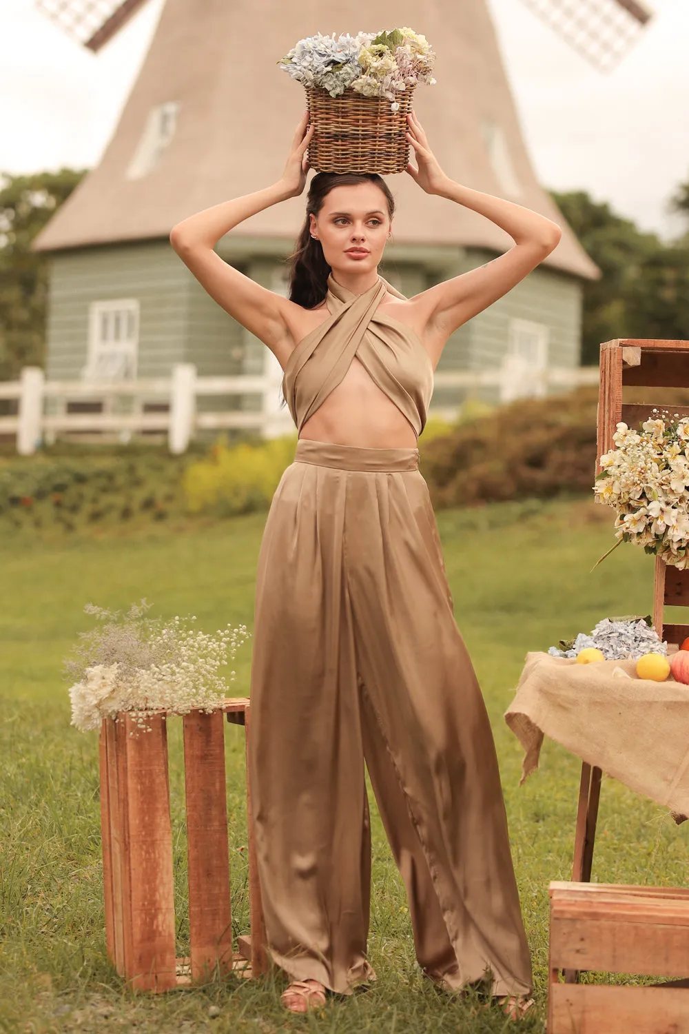 ESME PANT SET Wrap Around Multiway Top with Pleated Wide Leg Pant (Olive SC Silk)