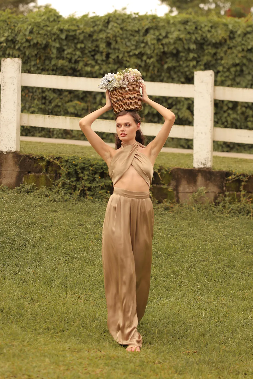 ESME PANT SET Wrap Around Multiway Top with Pleated Wide Leg Pant (Olive SC Silk)