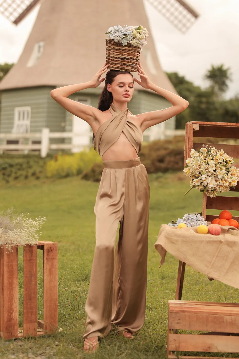 ESME PANT SET Wrap Around Multiway Top with Pleated Wide Leg Pant (Olive SC Silk)