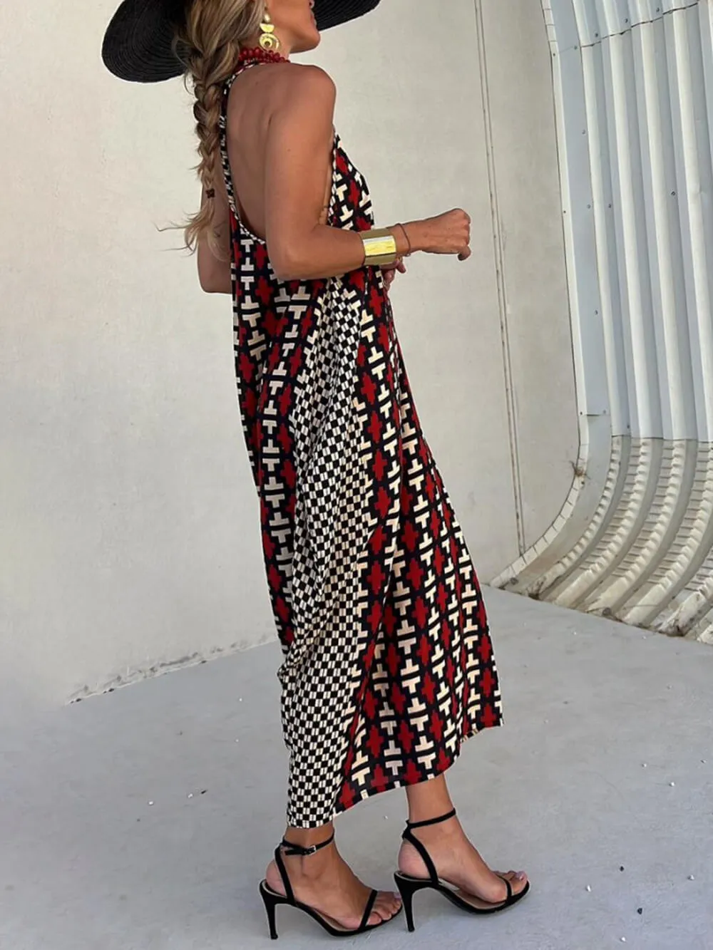 Ethnic Unique Print Lantern Graceful Cut Tank Maxi Dress