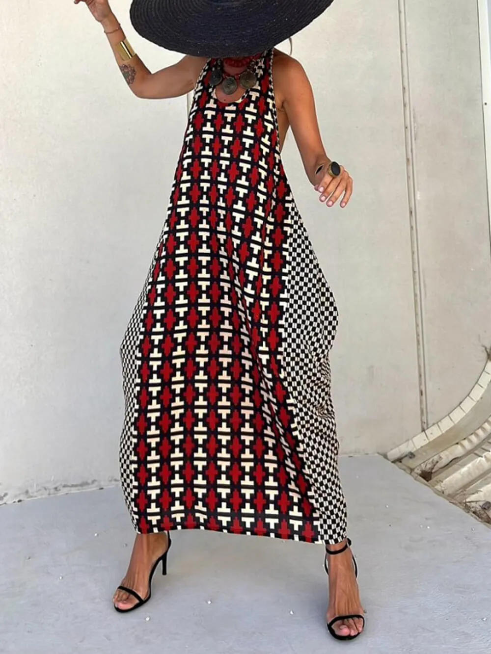 Ethnic Unique Print Lantern Graceful Cut Tank Maxi Dress