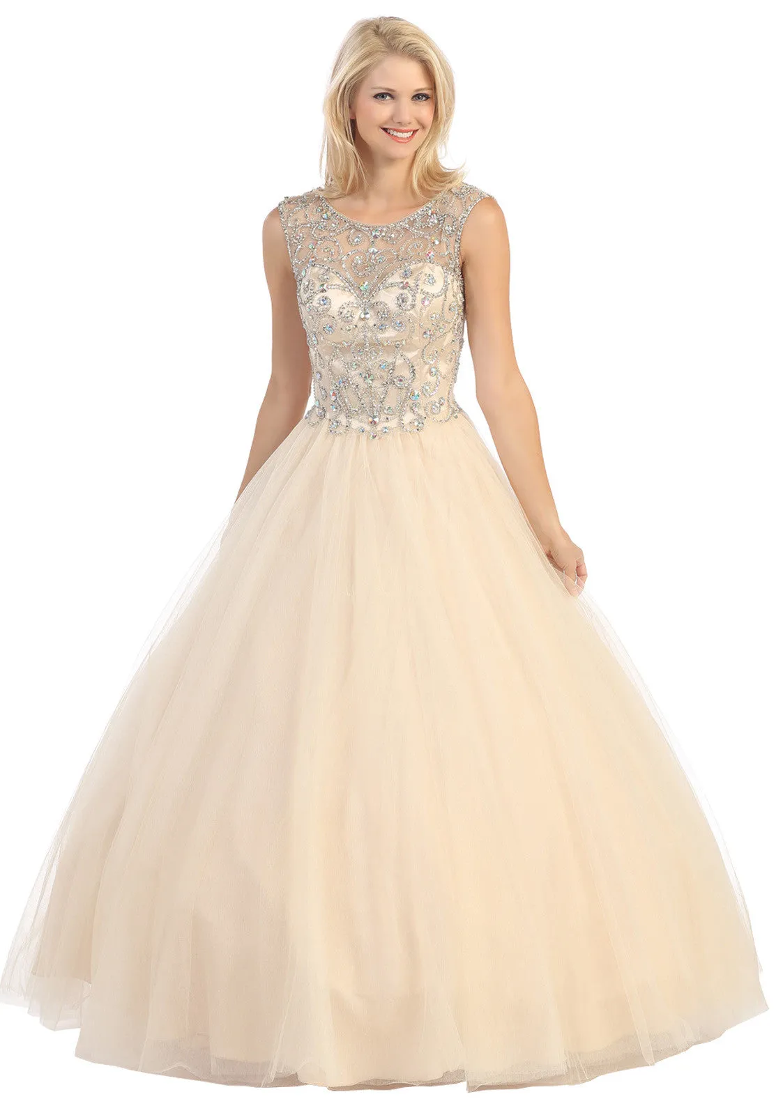 Eureka 3030 Meshed Yoke Bateau Neckline Ball Gown