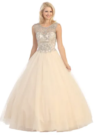 Eureka 3030 Meshed Yoke Bateau Neckline Ball Gown