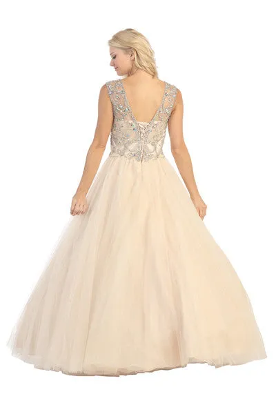 Eureka 3030 Meshed Yoke Bateau Neckline Ball Gown