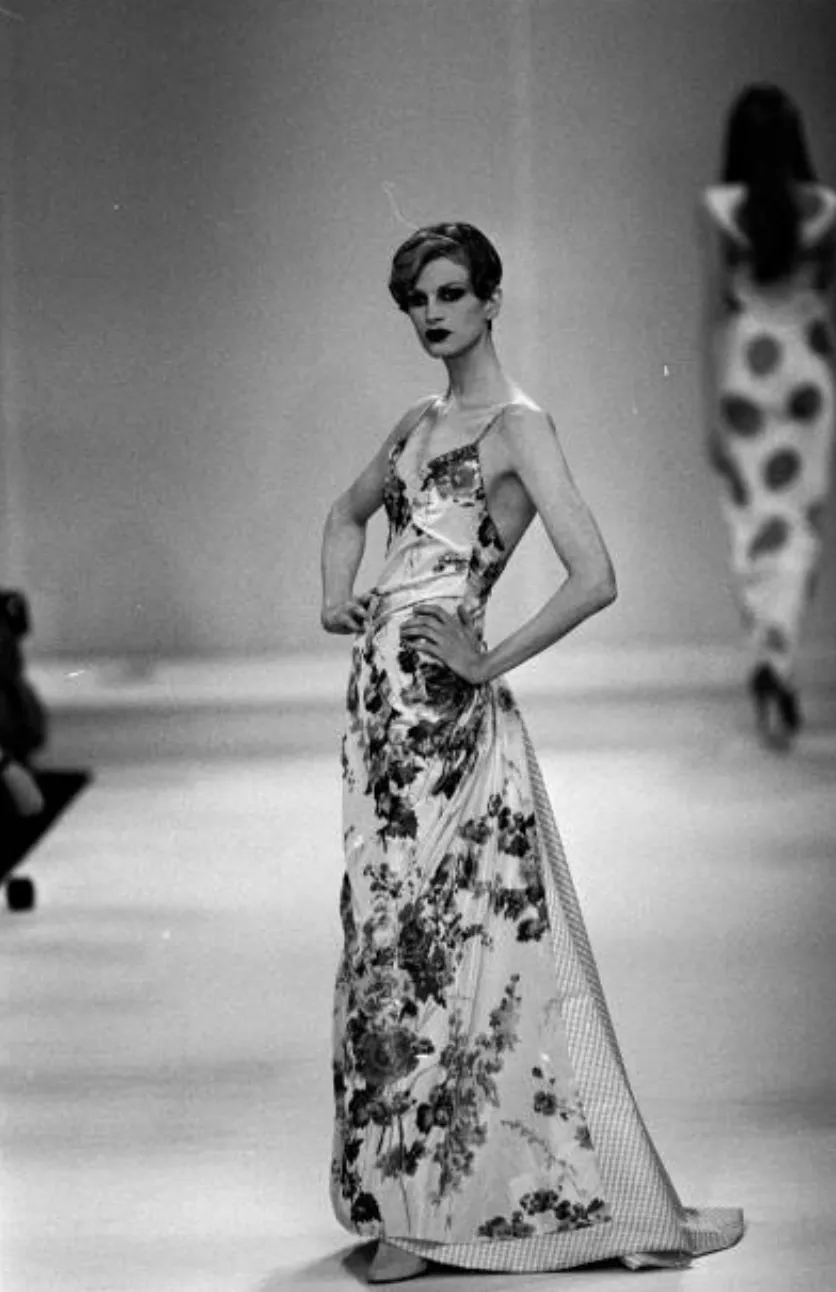 Exceptional Spring 1995 Bill Blass Runway & Book Piece Floral Silk Taffeta & Gingham Dress