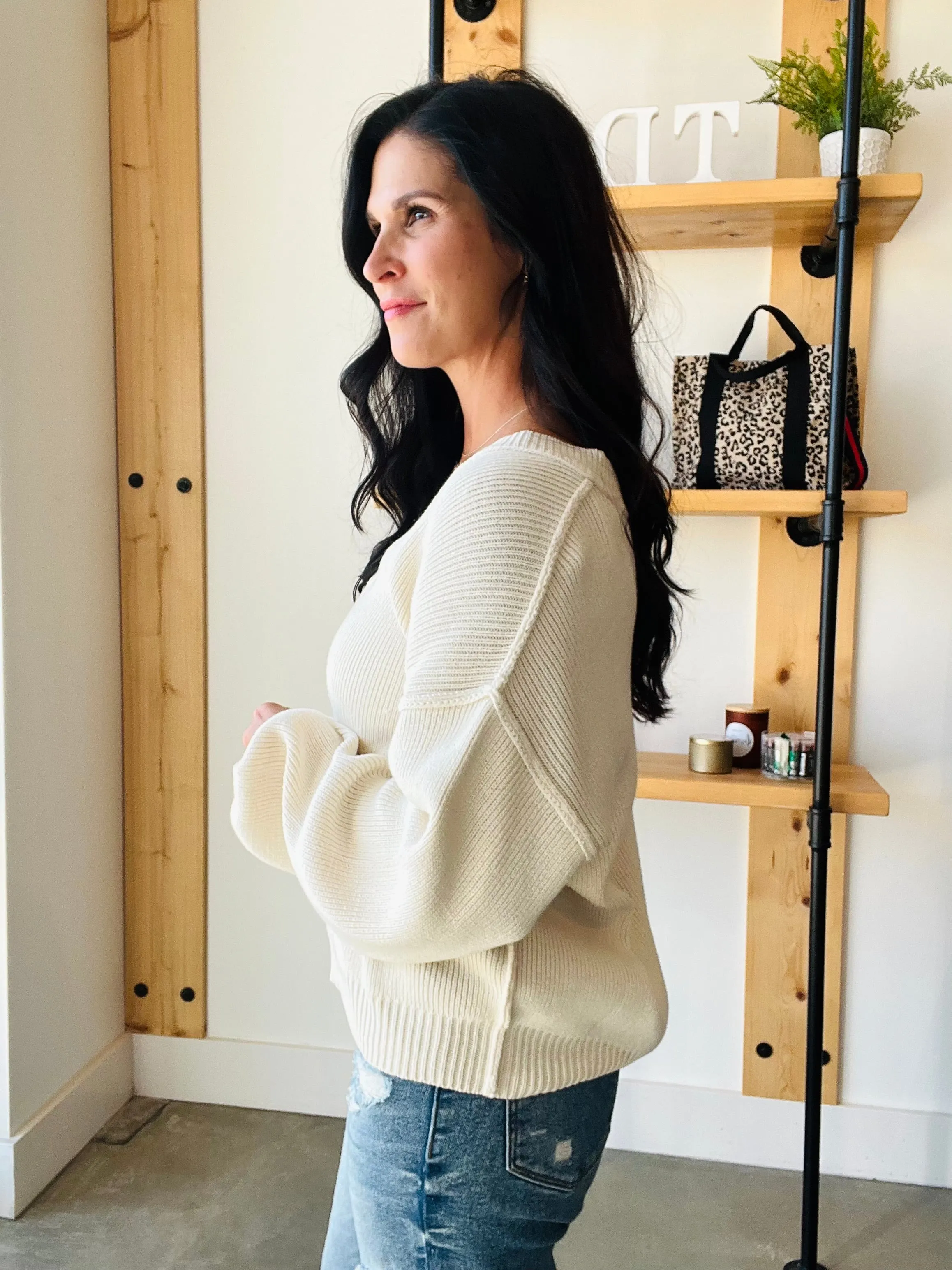 Exposed Seam Knit Sweater in Cream