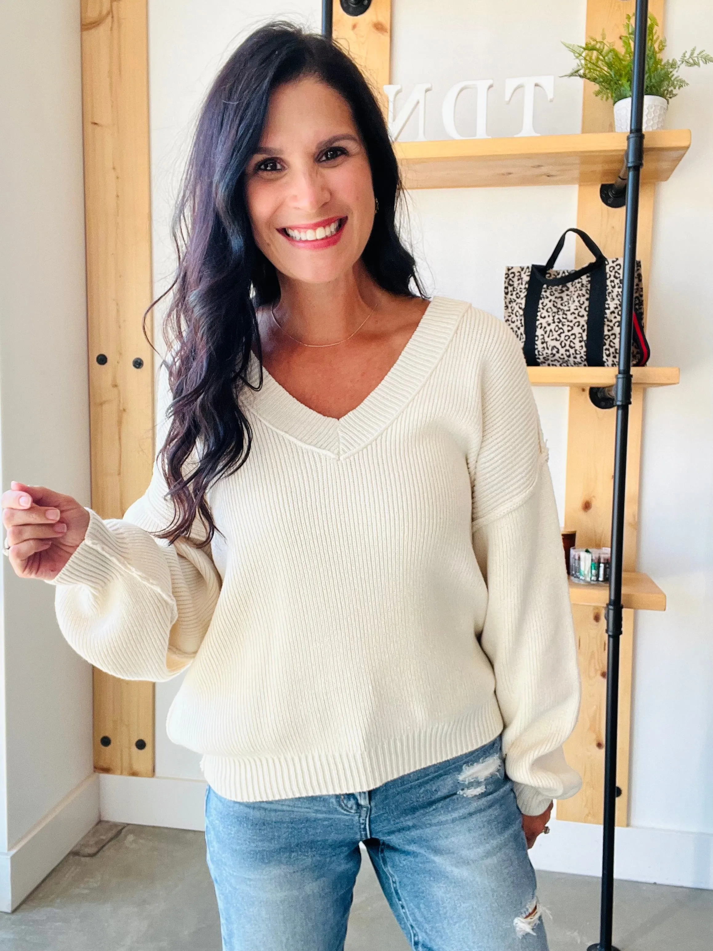 Exposed Seam Knit Sweater in Cream