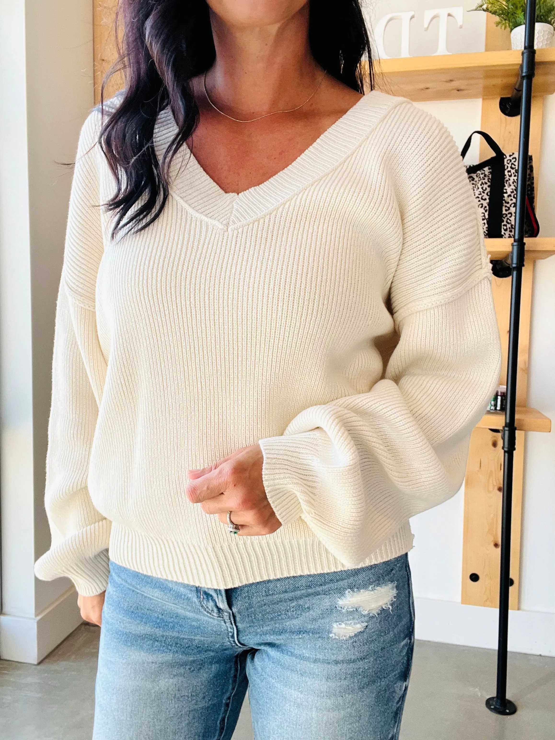 Exposed Seam Knit Sweater in Cream