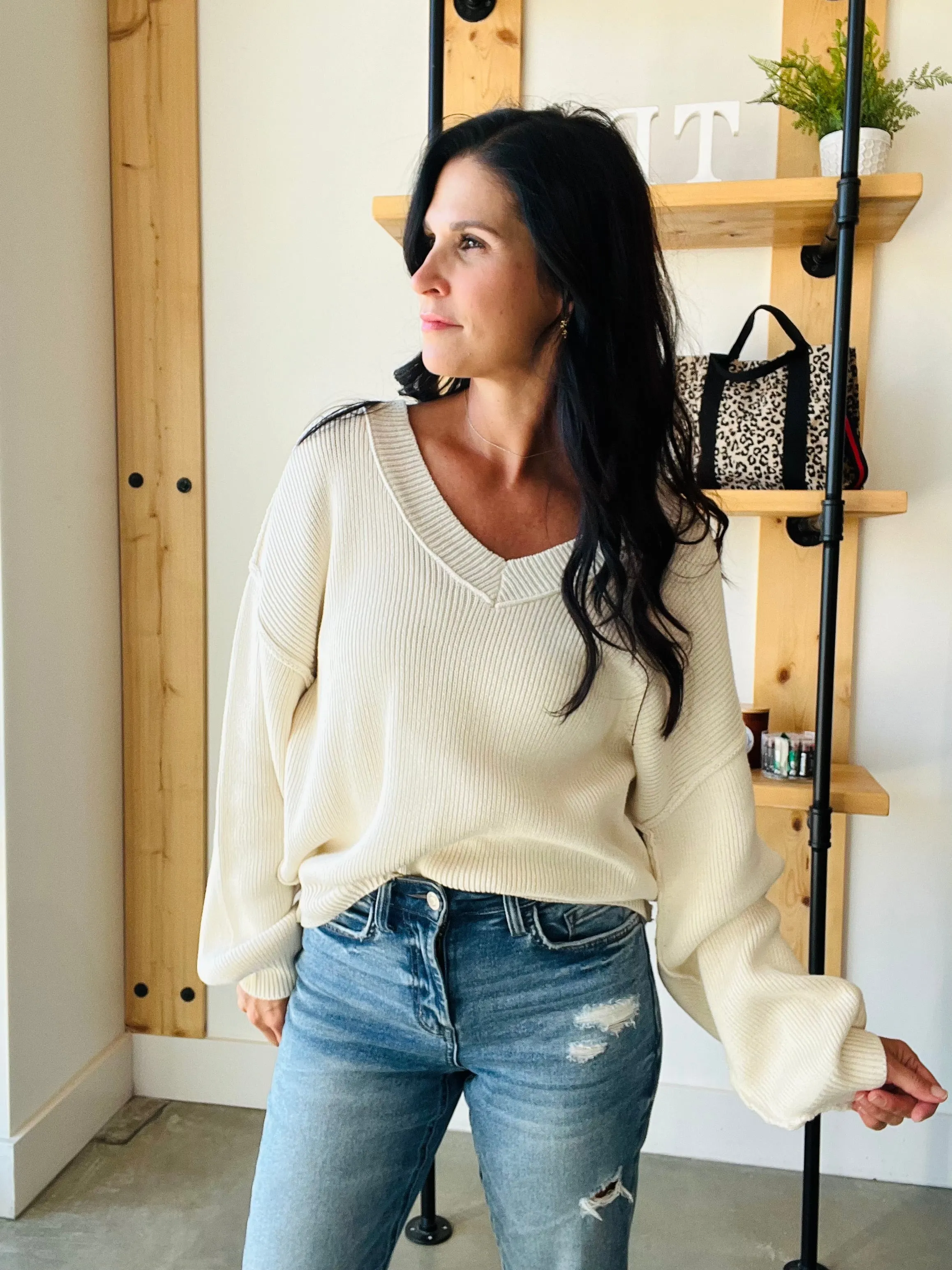 Exposed Seam Knit Sweater in Cream