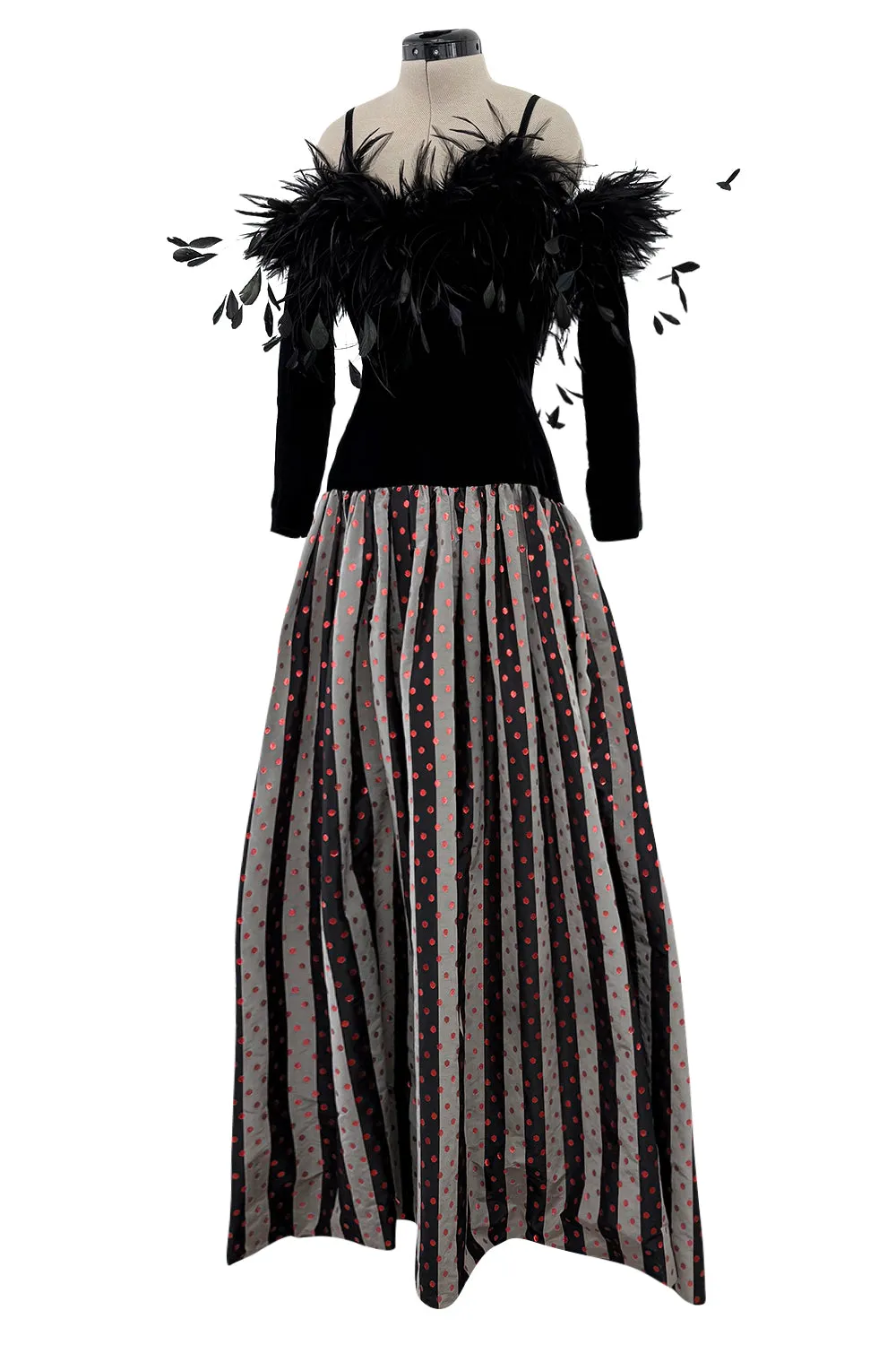 Fall 1982 Hubert de Givenchy Unlabeled Haute Couture Runway Dress w Feathers w Feather Collar