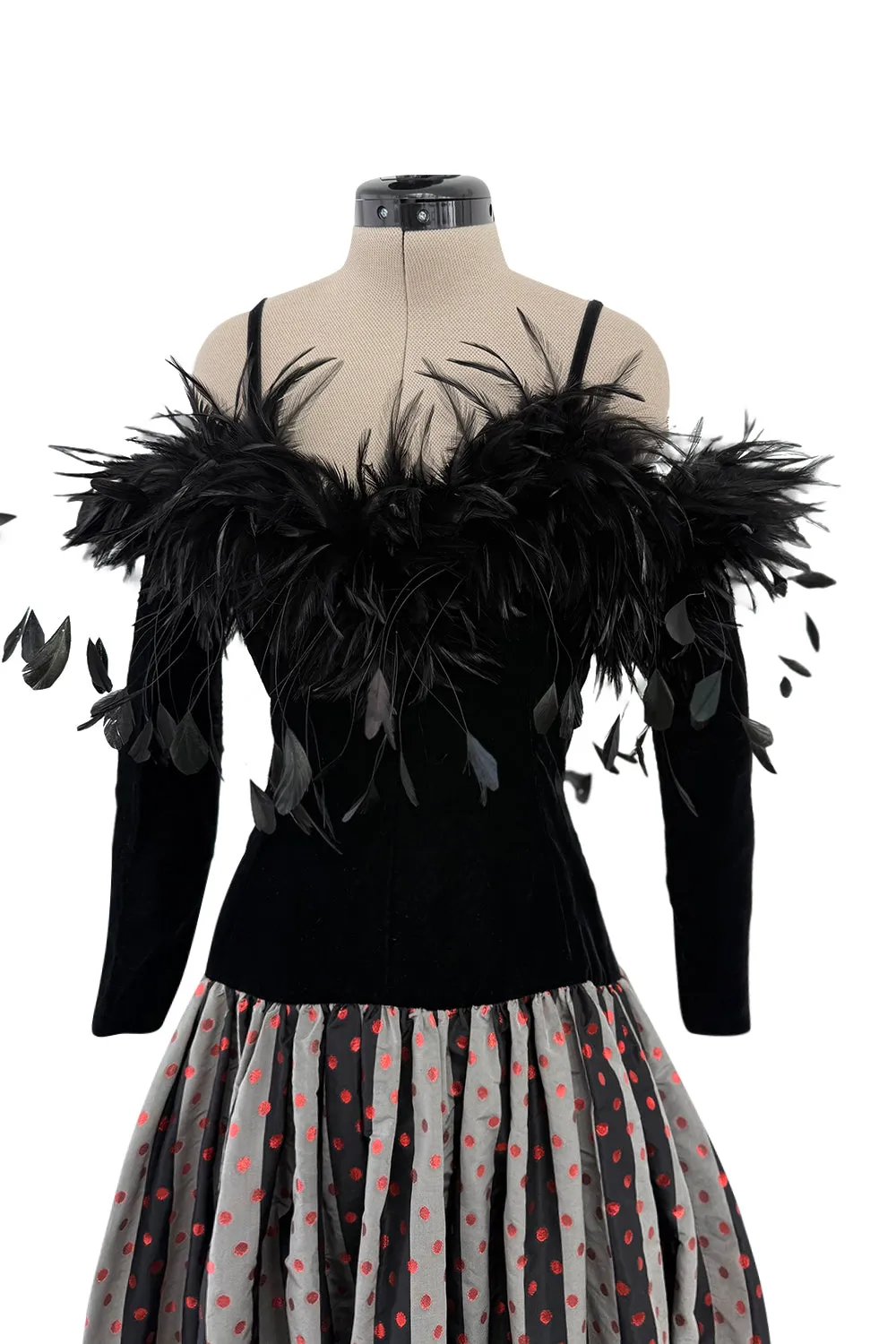 Fall 1982 Hubert de Givenchy Unlabeled Haute Couture Runway Dress w Feathers w Feather Collar