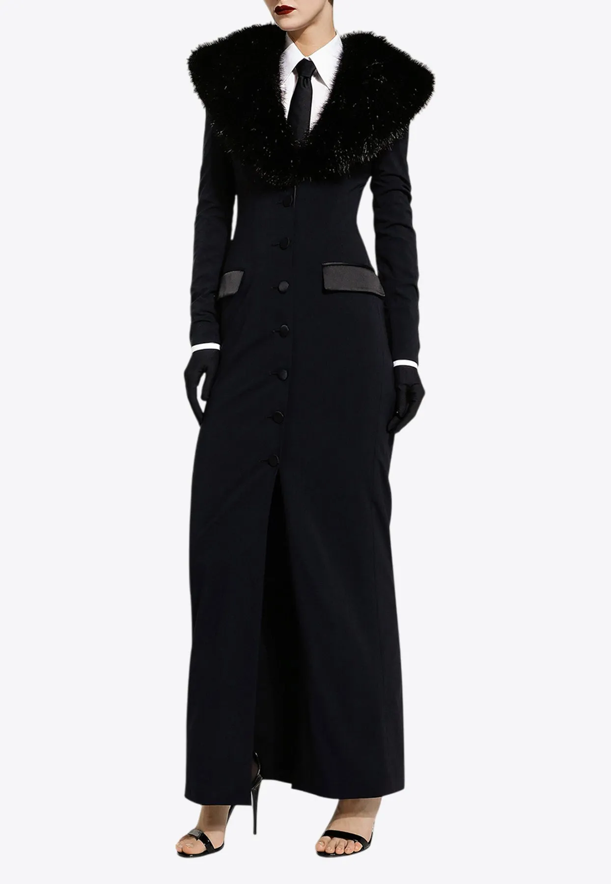 Faux Fur Collar Long Silk Georgette Coat