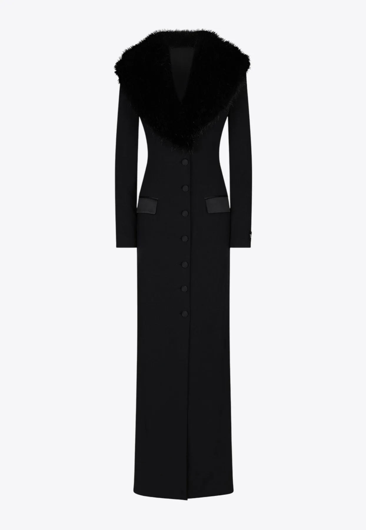 Faux Fur Collar Long Silk Georgette Coat