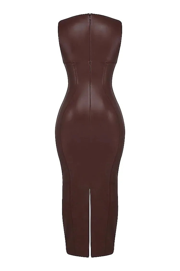 Faux Leather Bodycon Maxi Tank Dresses-Brown