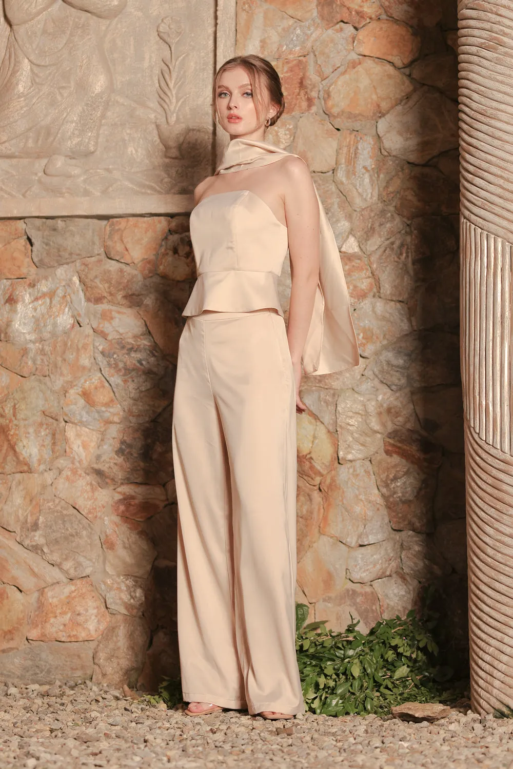 FELICIDAD PANT SET Strapless Curved Neckline Top with Scarf and Pant Set (Nude Silk Crepe)
