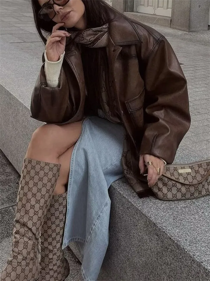 Female Vintage Button Up Short Lapel Biker Coats