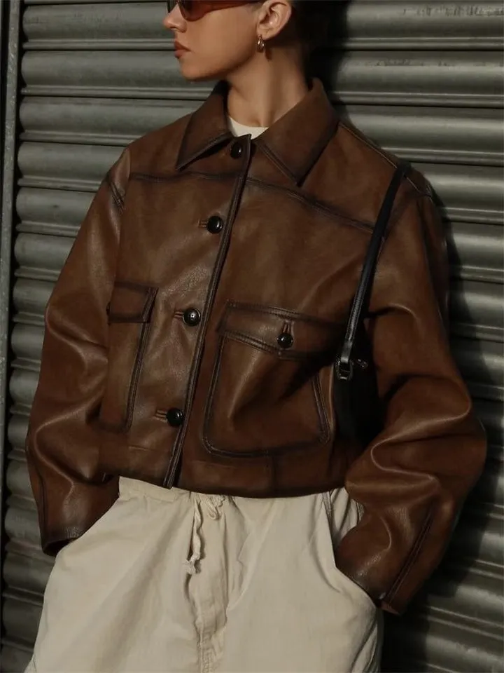 Female Vintage Button Up Short Lapel Biker Coats