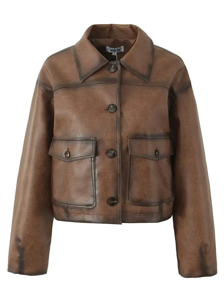 Female Vintage Button Up Short Lapel Biker Coats