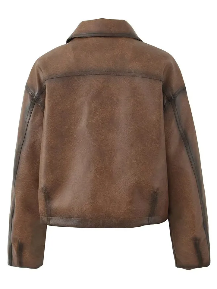 Female Vintage Button Up Short Lapel Biker Coats