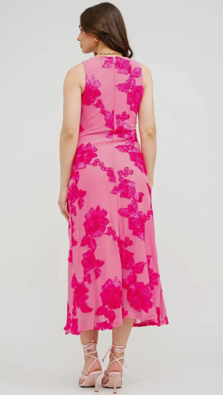 Floral Embroidered Fuschia Midi Dress-M