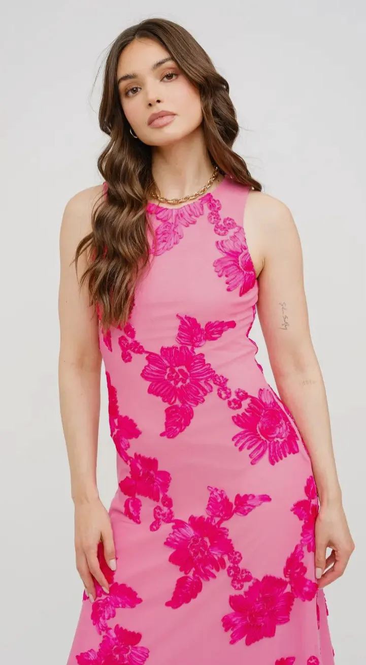 Floral Embroidered Fuschia Midi Dress-M