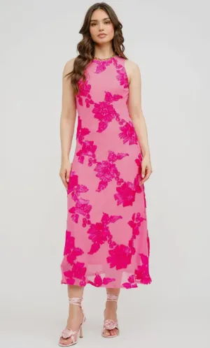 Floral Embroidered Fuschia Midi Dress-M