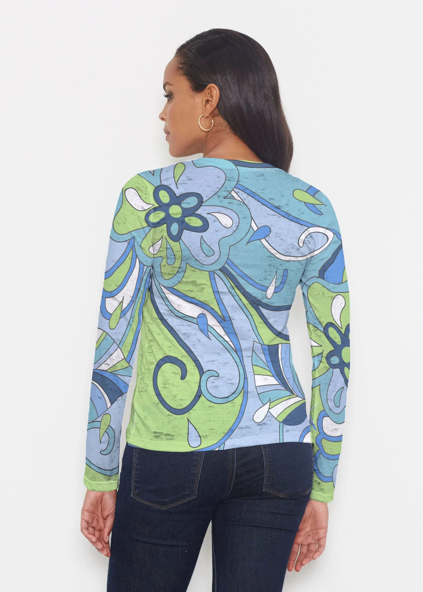 Floral Spritz Turquoise (22093) ~ Signature Long Sleeve Crew Shirt