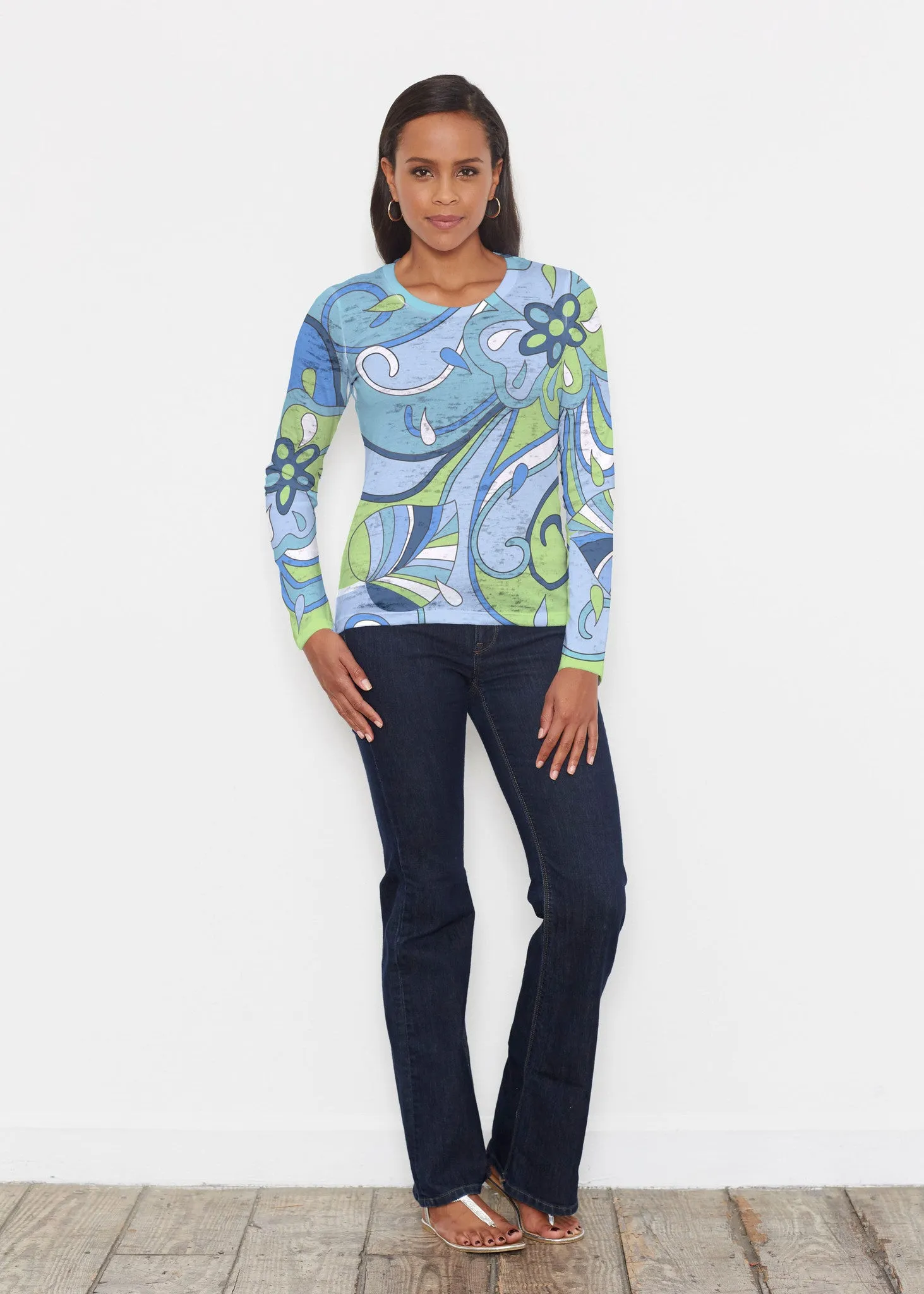 Floral Spritz Turquoise (22093) ~ Signature Long Sleeve Crew Shirt
