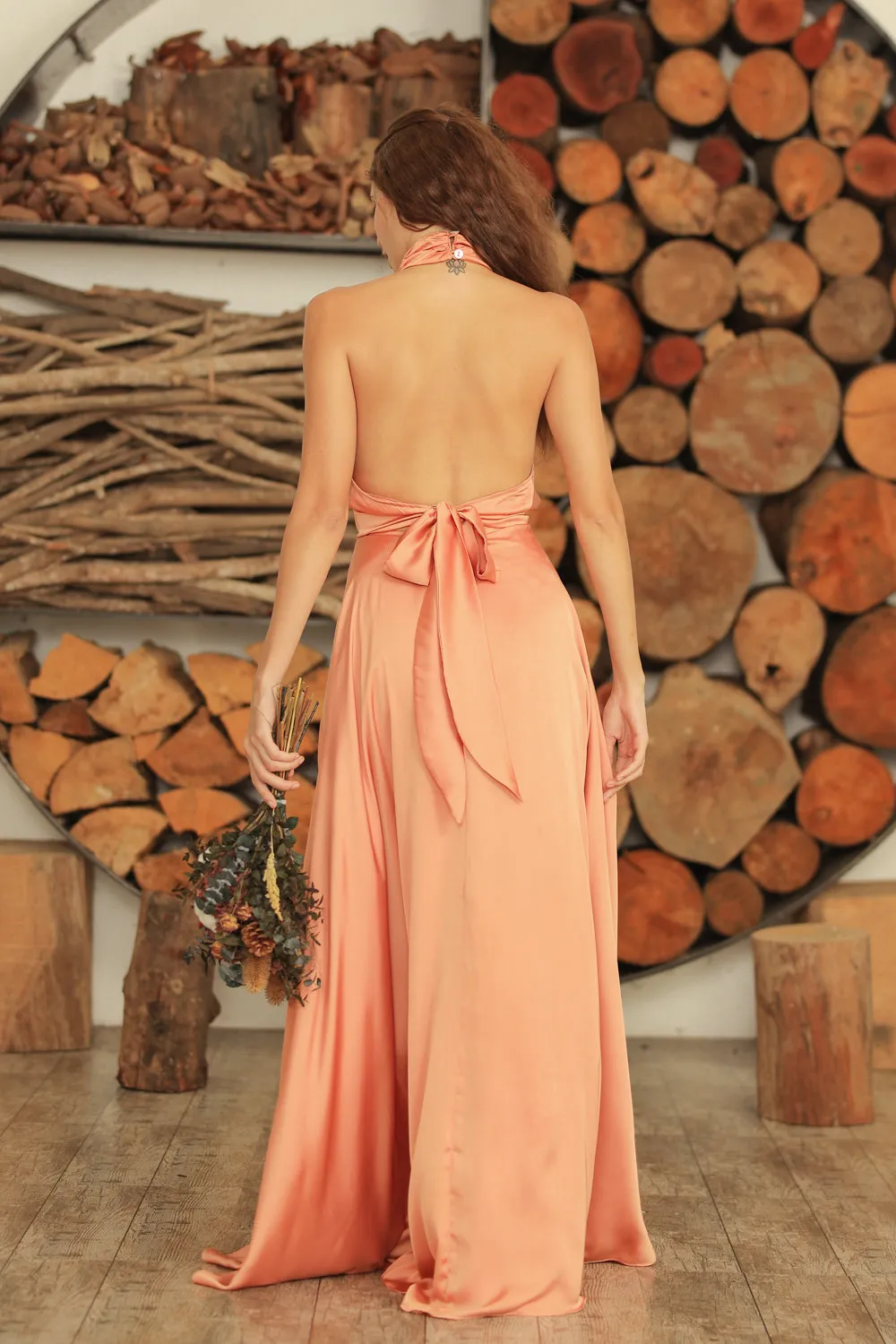 FLORENTINE SET DRESS Halter Tie Back Dress with Slit Maxi Skirt (Copper SC Silk)