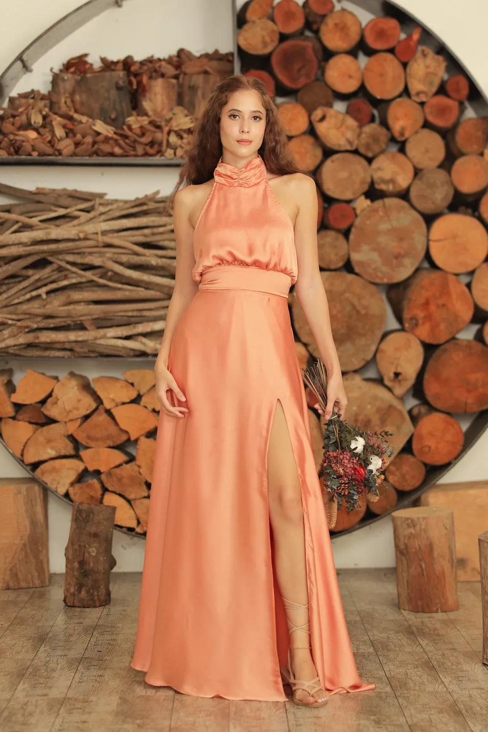 FLORENTINE SET DRESS Halter Tie Back Dress with Slit Maxi Skirt (Copper SC Silk)