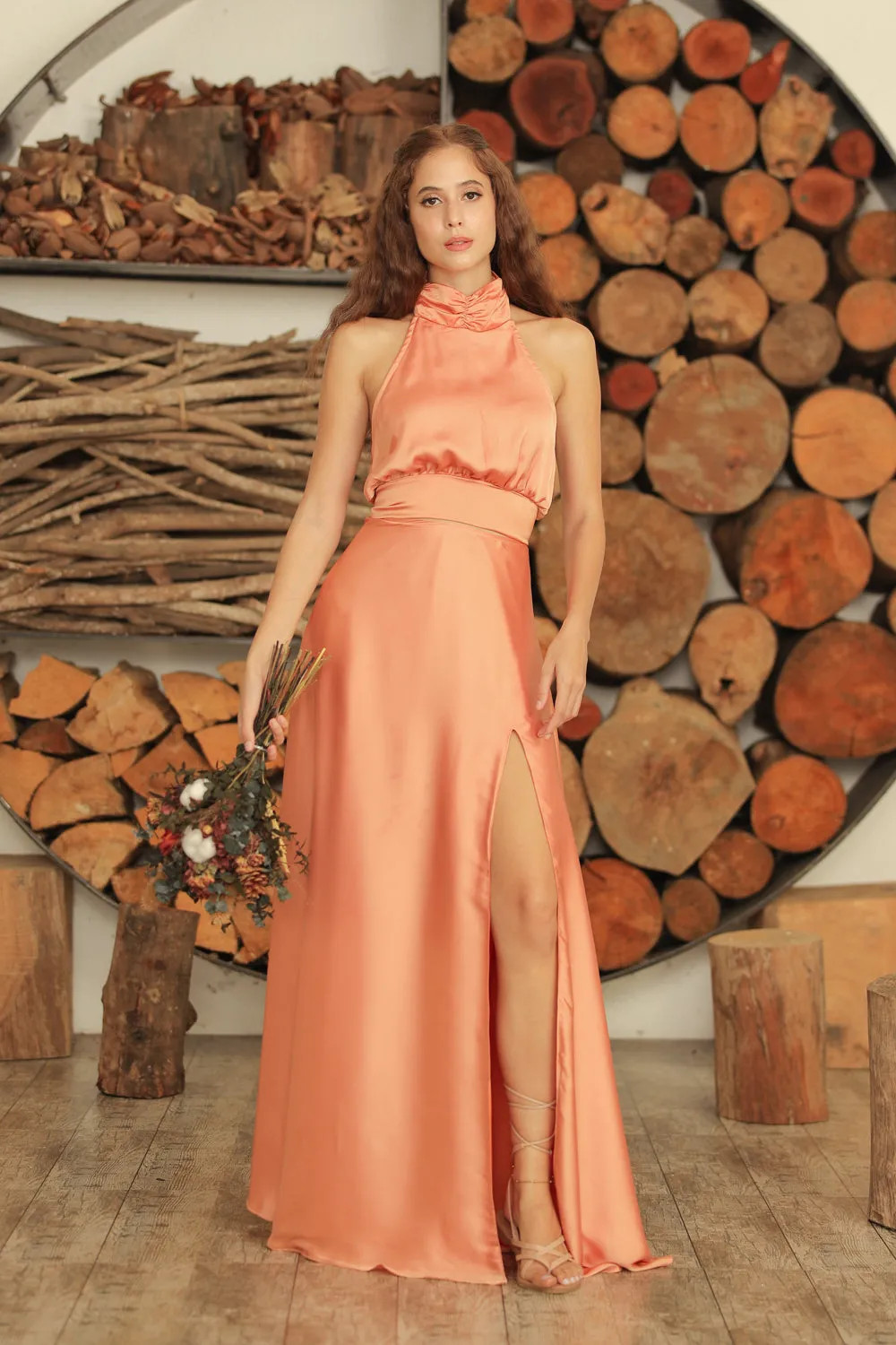 FLORENTINE SET DRESS Halter Tie Back Dress with Slit Maxi Skirt (Copper SC Silk)