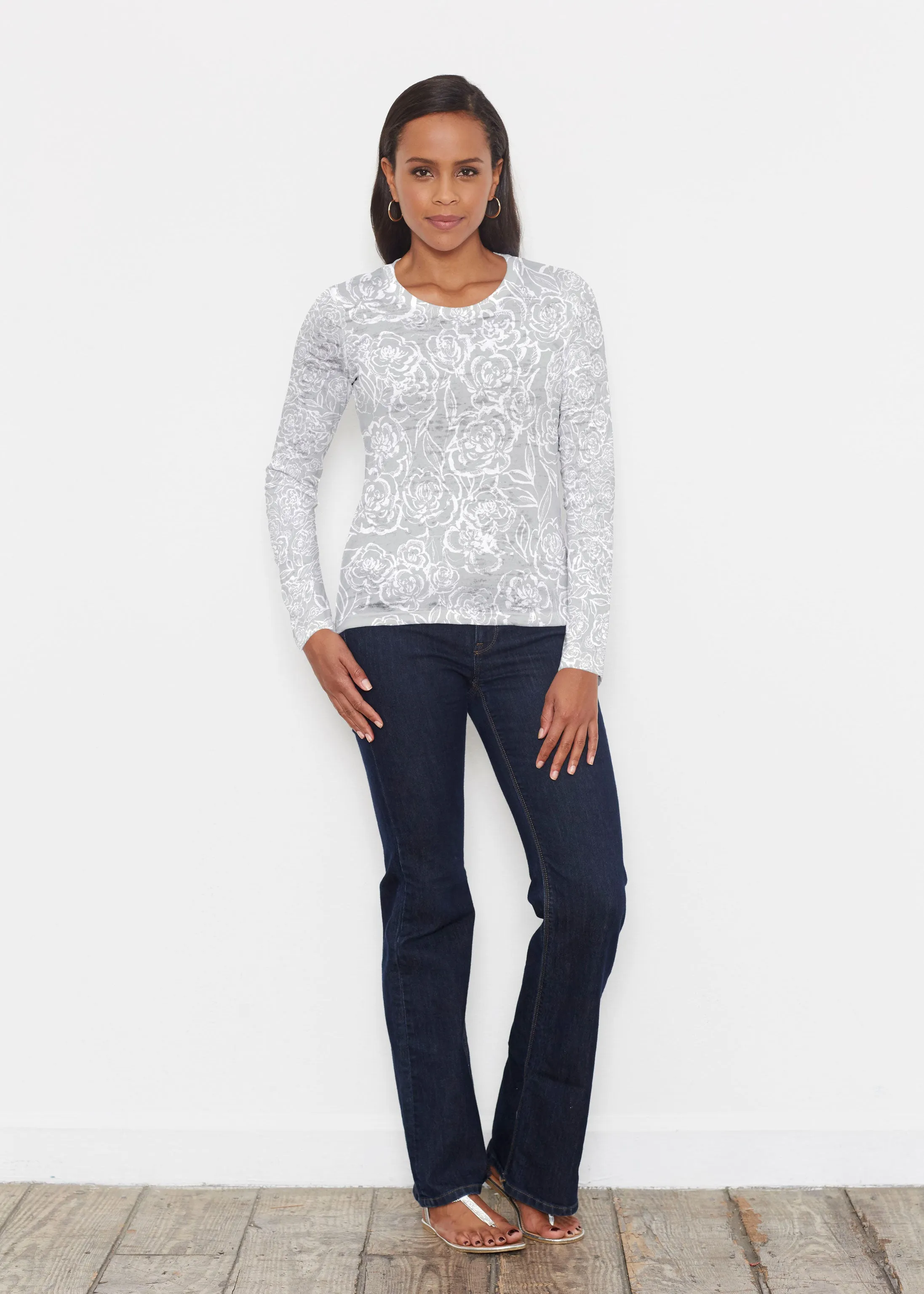 Freehand Floral Grey (7605) ~ Signature Long Sleeve Crew Shirt