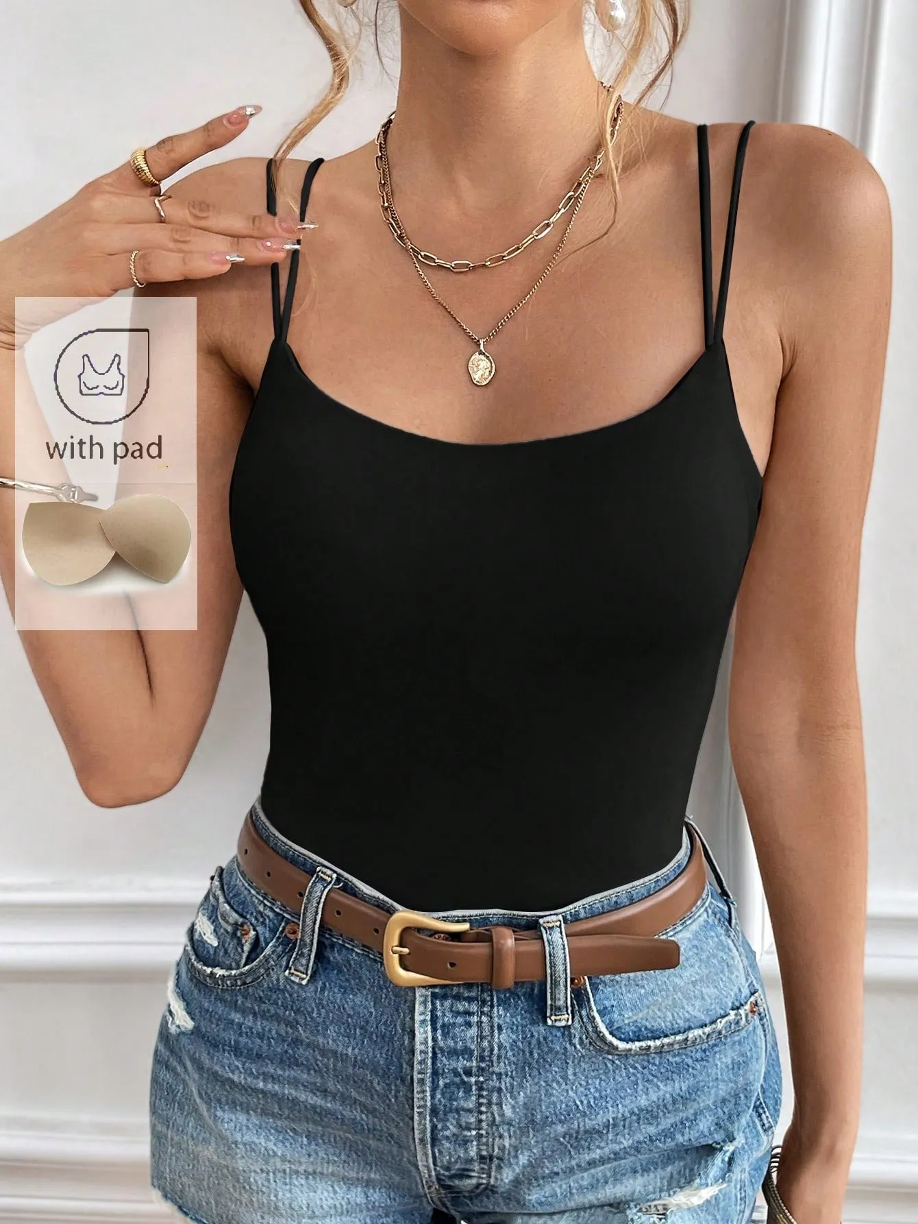 Frenchy Ladies' Solid Color Double Shoulder Strap Camisole With Chest Padding Summer Top Vacation Clothes
