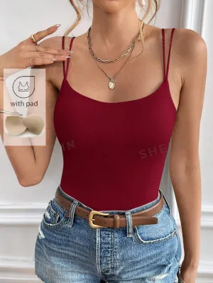 Frenchy Ladies' Solid Color Double Shoulder Strap Camisole With Chest Padding Summer Top Vacation Clothes