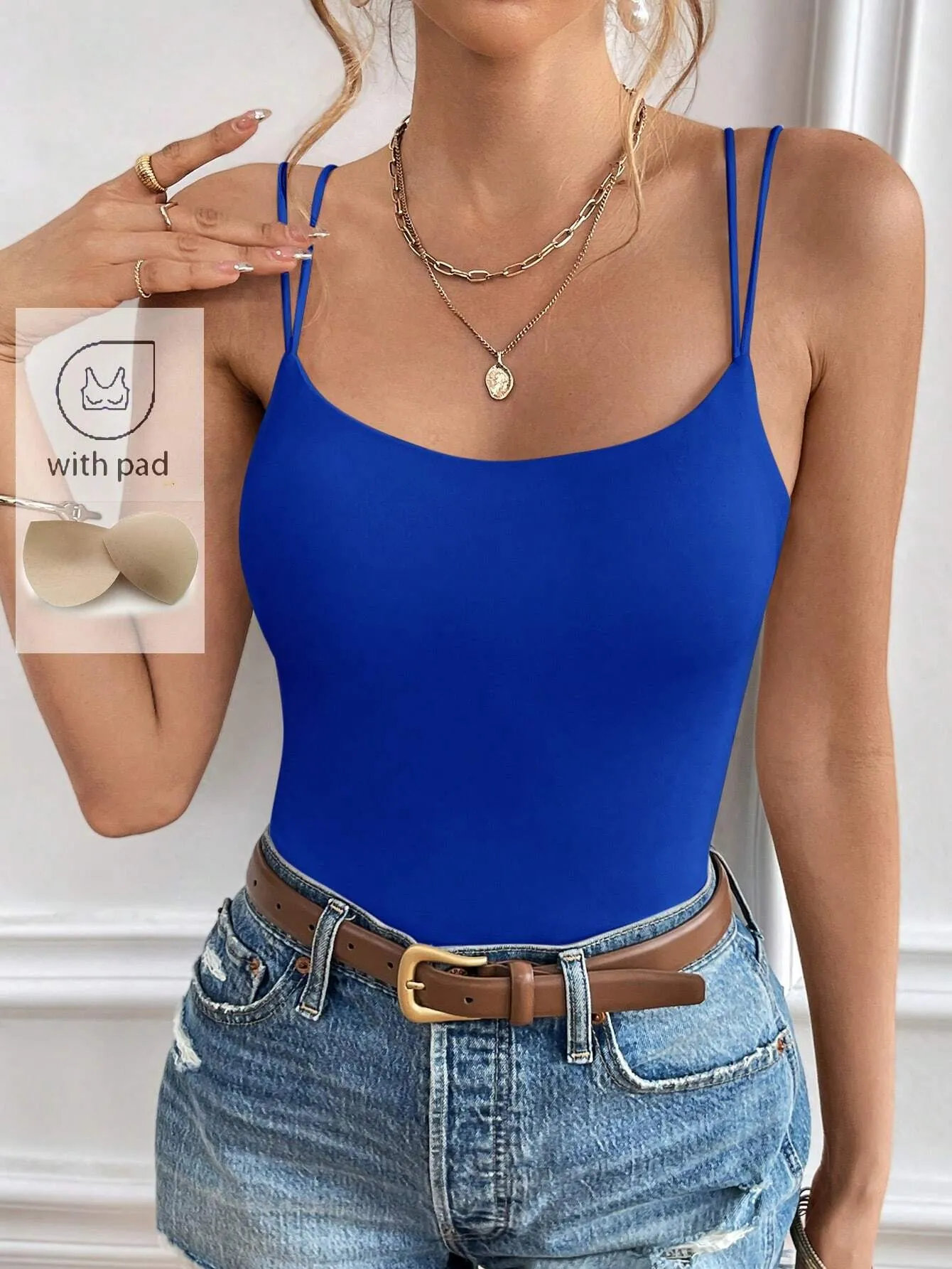 Frenchy Ladies' Solid Color Double Shoulder Strap Camisole With Chest Padding Summer Top Vacation Clothes