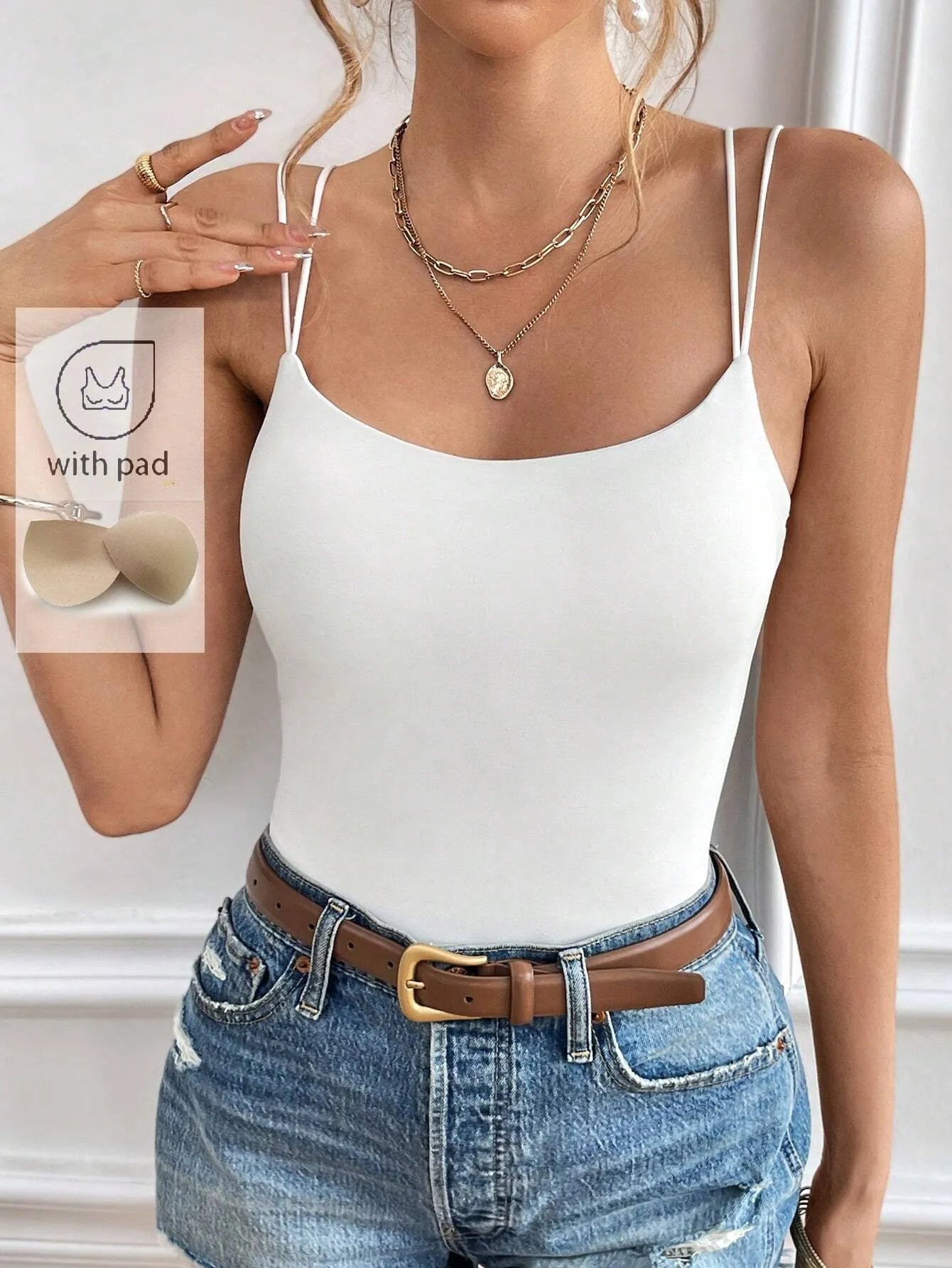 Frenchy Ladies' Solid Color Double Shoulder Strap Camisole With Chest Padding Summer Top Vacation Clothes