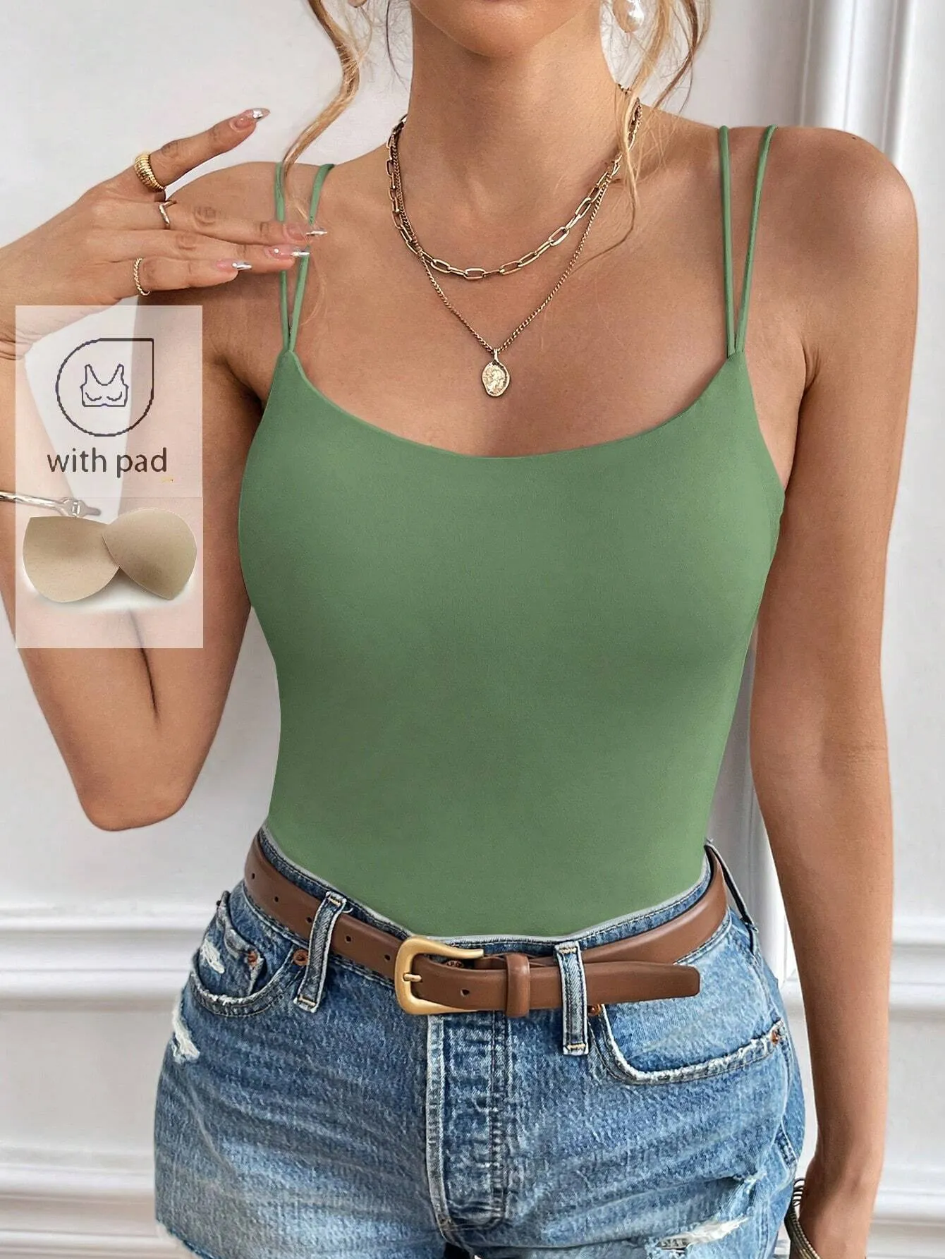 Frenchy Ladies' Solid Color Double Shoulder Strap Camisole With Chest Padding Summer Top Vacation Clothes