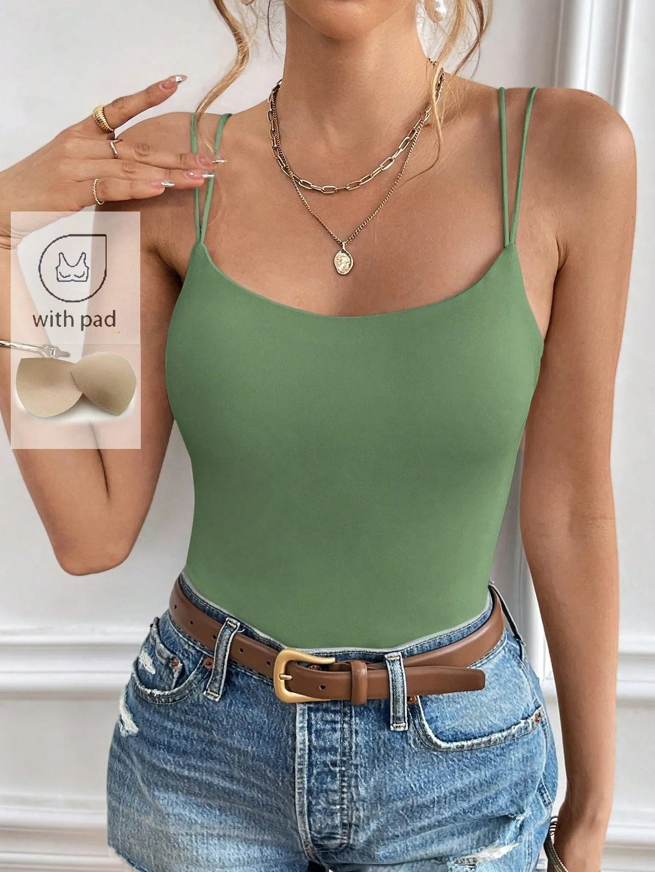 Frenchy Ladies' Solid Color Double Shoulder Strap Camisole With Chest Padding Summer Top Vacation Clothes