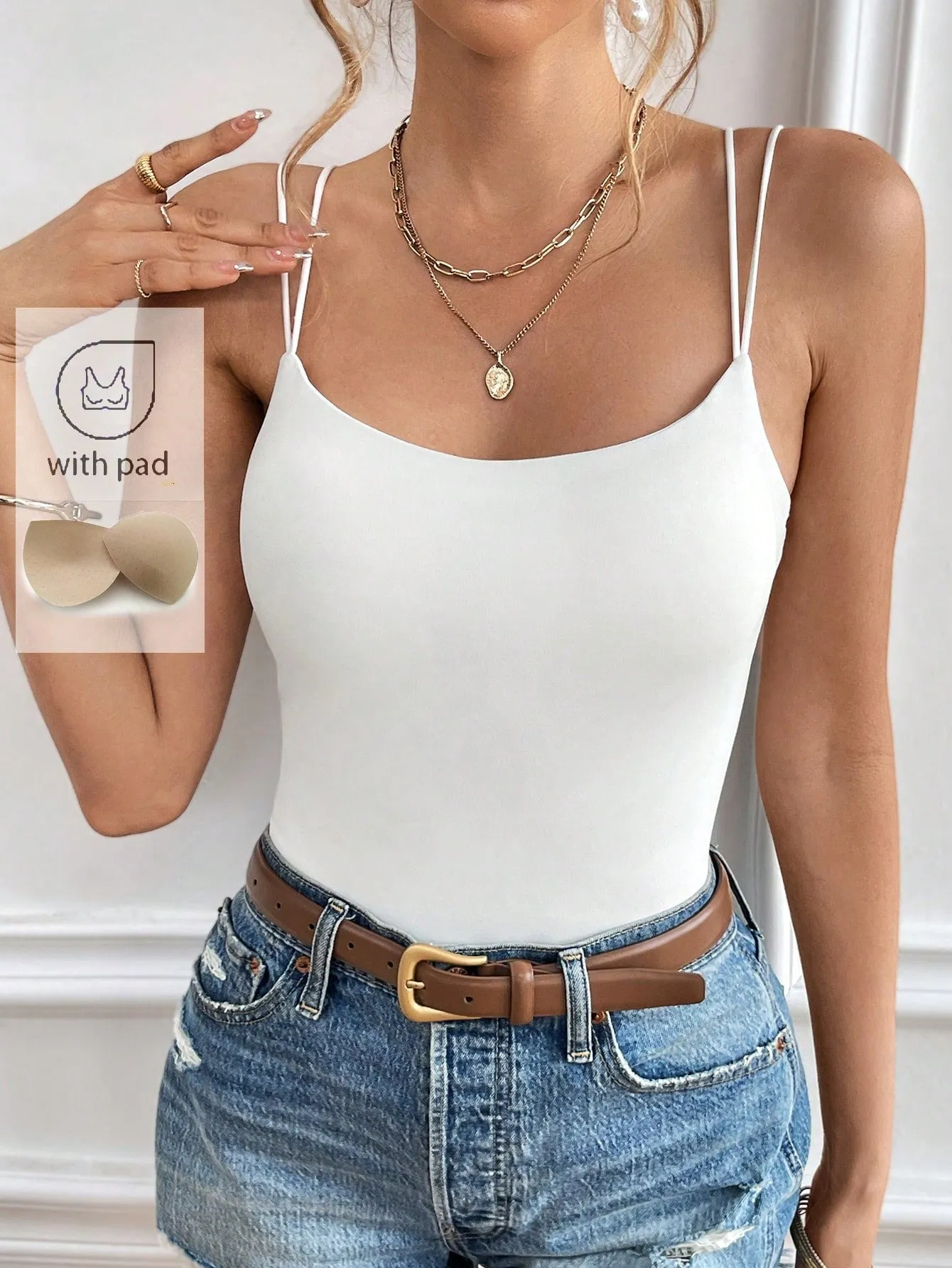 Frenchy Ladies' Solid Color Double Shoulder Strap Camisole With Chest Padding Summer Top Vacation Clothes