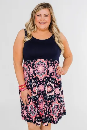 Full of Excitement Printed Dress- Navy